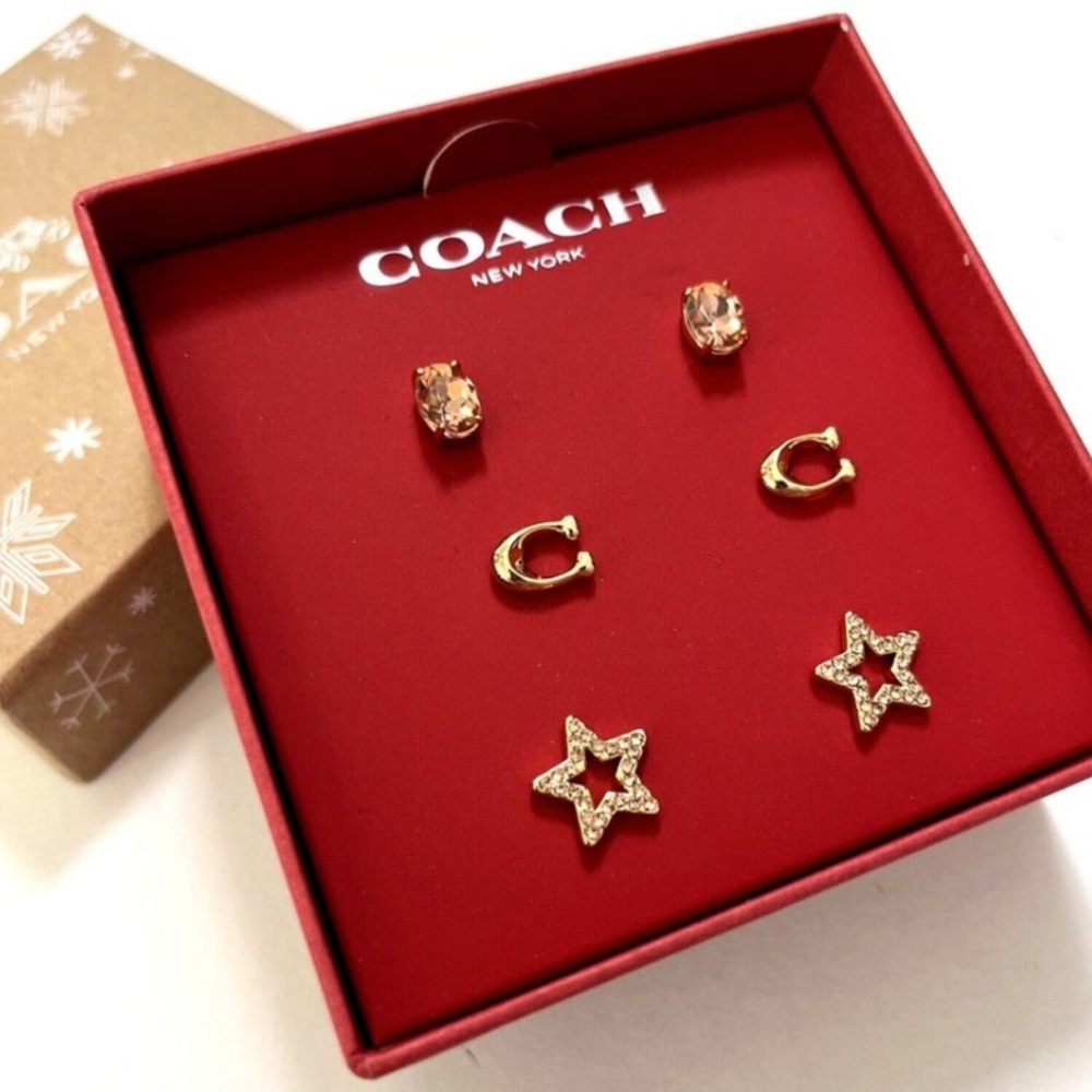 Coach Signature Star Stud Earring Set Gold Pink Multi Plated Brass